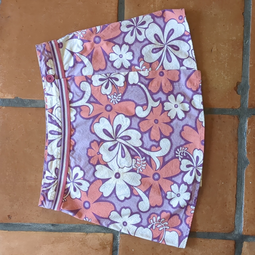 Lux Wrap Mini Skirt, Purple / Pink / White Hawaiian Flower Print, Size 7